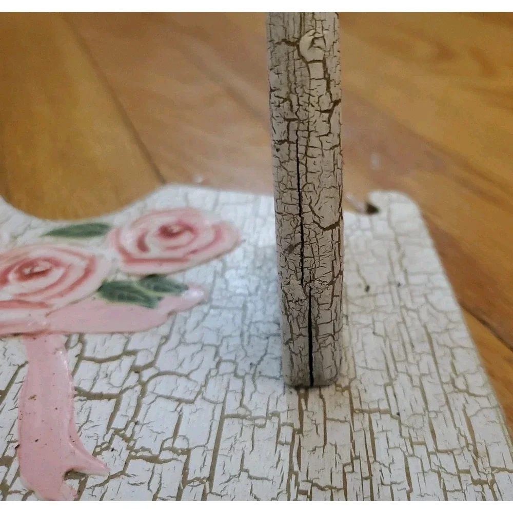 Vintage Shabby Chic Wood Wall Shelf Vanity Organizer Crackle Paint Rose Ribbon